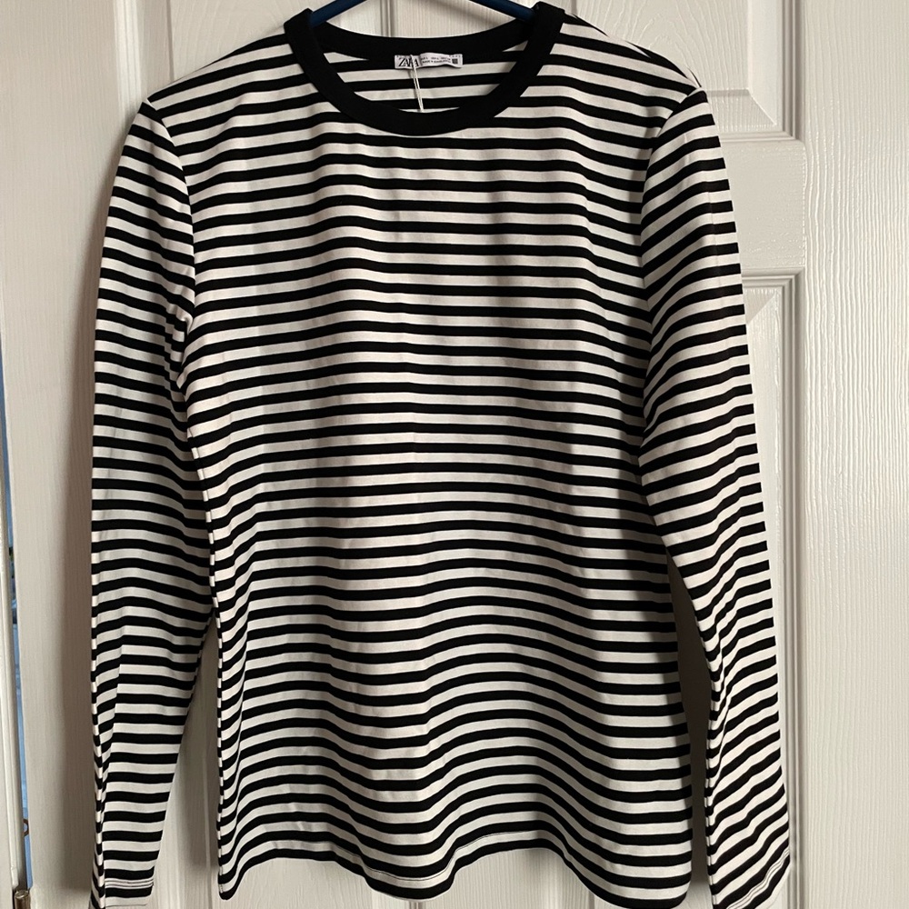 Zara Black and White Striped Long Sleeve Tee